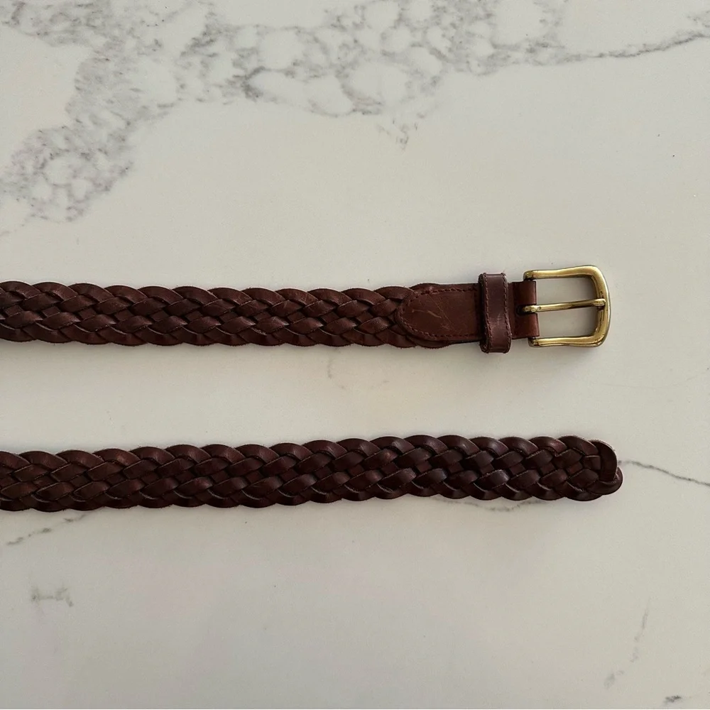 Vintage Braided Leather Belt with Rounded Square Brass Tone Buckle Dark Brown XL